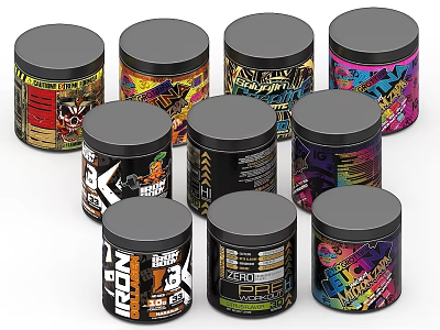 Colorful Food Cans With Various Designs And Nutritional Labels On 3d model