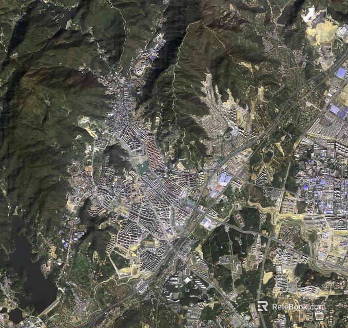 Satellite View of City Surrounded by Green Mountains and River With Residential Industrial Zones 3d model 