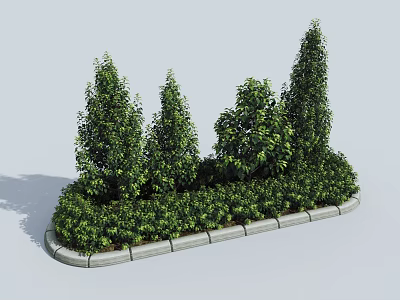 Lush Green Shrubs In Circular Stone Border Flower Bed With Various Heights And Healthy Foliage 3d model