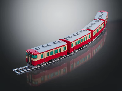 Red And Yellow Toy Train Model With Green Window Carriages On Track And Reflective Surface 3d model