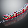 Red And Yellow Toy Train Model With Green Window Carriages On Track And Reflective Surface