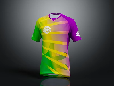 Vibrant Colorful Sports Jersey with Green Purple Yellow Stripes Chest Logo and Sleeve Design 3d model