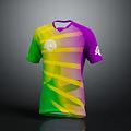 Vibrant Colorful Sports Jersey with Green Purple Yellow Stripes Chest Logo and Sleeve Design