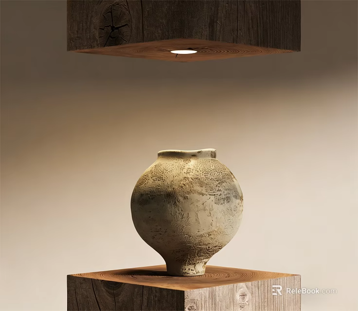 Textured Ceramic Vase Displayed on Wooden Base with Overhead Lighting and Natural Finish 3d model 