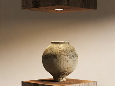 Textured Ceramic Vase Displayed on Wooden Base with Overhead Lighting and Natural Finish 3d model