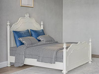 White Double Bed With Carved Headboard Gray Checkered Bedspread And Blue Pillows 3d model