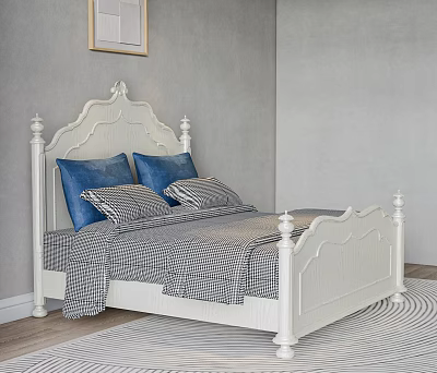 White Double Bed With Carved Headboard Gray Checkered Bedspread And Blue Pillows 3d model