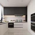 Modern Black And White Kitchen Interior With Cabinets Built In Appliances And White Countertop