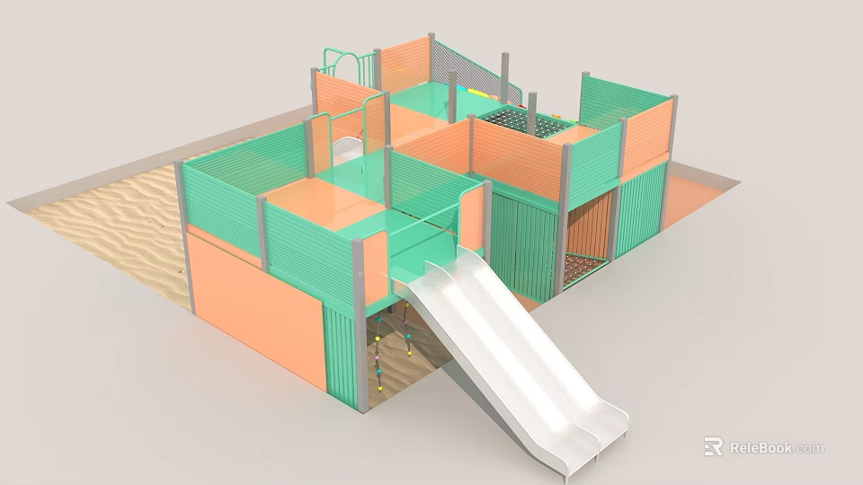 Multi Level Playground Equipment with Orange Green Platforms and Slide 3d model