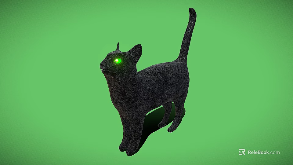 Black Cat Game And Movie Character With Glowing Green Eyes On Green Background 3d model 