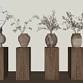 Four Ceramic Vases With Decorative Flowers On Wooden Pedestals Against White Wall