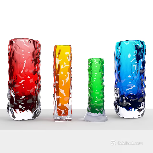 Colorful Textured Glass Vases With Red Orange Green Blue Hues And White Bases 3d model 