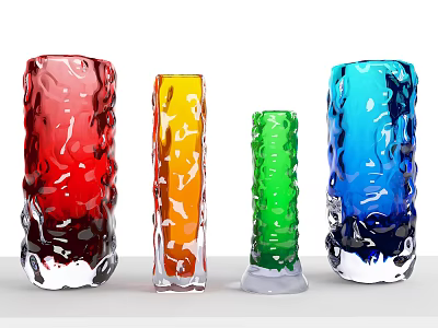 Colorful Textured Glass Vases With Red Orange Green Blue Hues And White Bases 3d model