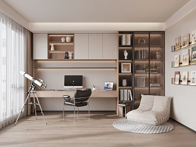 Modern Study Room Interior With Desk Chair Bookshelves Telescope And Cushioned Seat 3d model