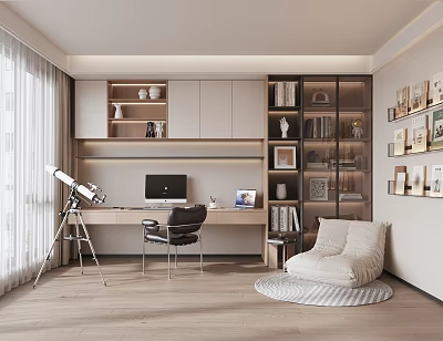 Modern Study Room Interior With Desk Chair Bookshelves Telescope And Cushioned Seat 3d model