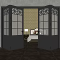 Black Folding Doors With Geometric Glass Panels Revealing Bedroom With Patterned Wallpaper And Wooden Floor
