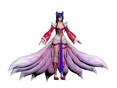Mythical Fox Spirit Character With Purple Hair Red White Traditional Outfit And Long Flowing Tails 3d model