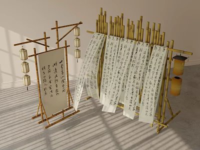 Traditional Chinese Lanterns Arranged on Bamboo Stand with Hanging Calligraphy Scrolls and Wooden Buckets 3d model
