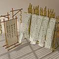 Traditional Chinese Lanterns Arranged on Bamboo Stand with Hanging Calligraphy Scrolls and Wooden Buckets