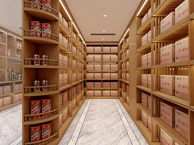 Tobacco and Alcohol Store Interior With Wooden Shelves And Neatly Arranged Products 3d model