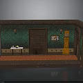 Vintage Interior Scene Model With Green Walls Brown Door Red Carpet And Grandfather Clock