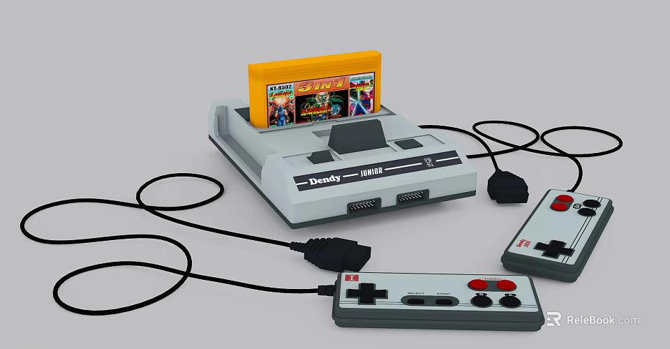 Retro Entertainment Electronics Featuring Family Computer Gaming Console With Yellow Game Cartridge And Wired Controllers 3d model 