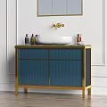 Bathroom Sink with Gold Framed Mirror Brass Faucet and Wall Sconces on White Wall