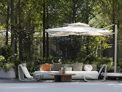 Outdoor Sofa with White Parasol Green Plants and Decorative Pillows in Garden 3d model