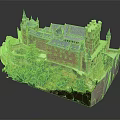 Ancient Architecture Medieval Castle Model with Spires Gray Roof and Green Vegetation on Rock Base