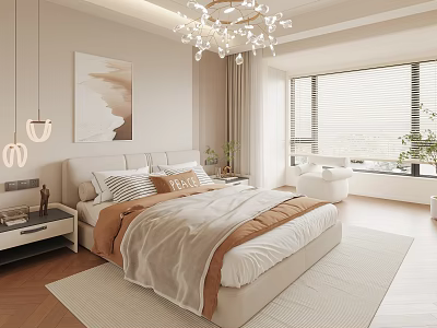 Modern Bedroom Interior With Cozy Bed Soft Bedding Chandelier And Window Blinds 3d model