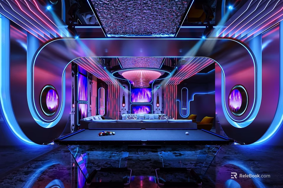 Modern Luxury KTV Interior With Neon Lights Comfortable Sofas And Billiard Table 3d model