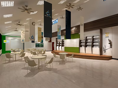 Modern Cafeteria Interior With White Tables Chairs Ceiling Fans And Display Shelves 3d model