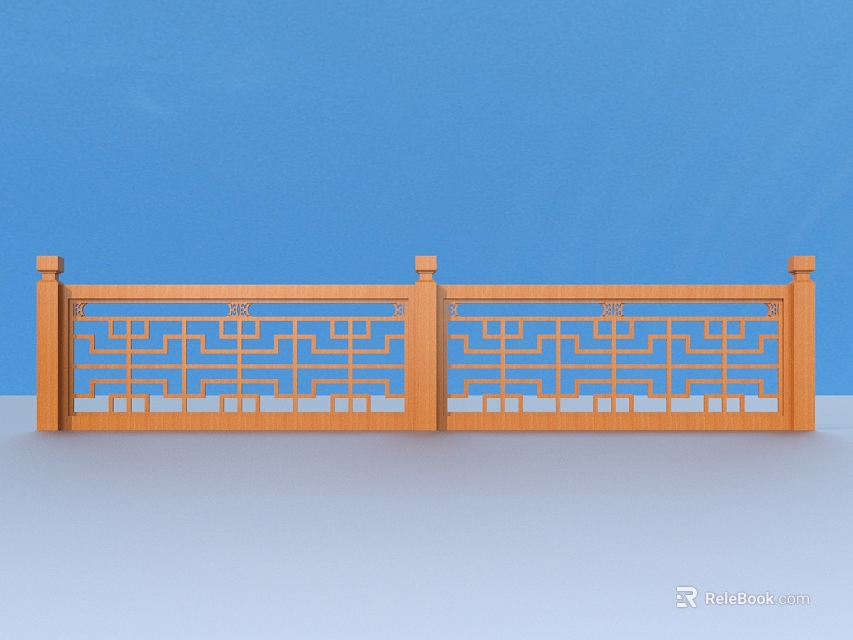 Traditional Wooden Railing with Ornate Carved Patterns and Symmetrical Two Panel Design 3d model 
