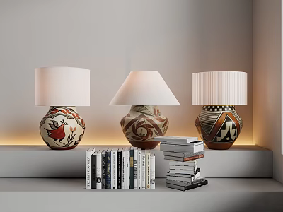 Decorative Table Lamps with Ceramic Bases and White Lampshades on Shelf with Stacked Books 3d model