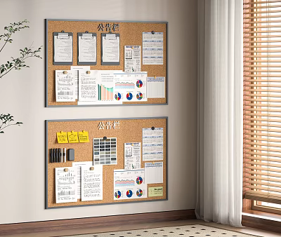 Two Cork Bulletin Boards With Papers Charts Notes Office Supplies In Room 3d model