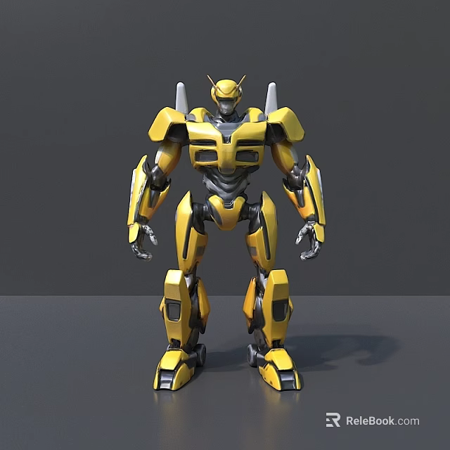 Yellow Robot Sculpture Metal Carving With Detailed Mechanical Structure And Standing Pose 3d model 
