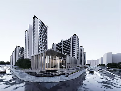 Modern Sales Office Building With Glass Curtain Wall Water Feature And High Rise Buildings Around 3d model