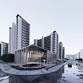 Modern Sales Office Building With Glass Curtain Wall Water Feature And High Rise Buildings Around