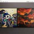 Two Piece Colorful Abstract And Red Orange Mountain Landscape Canvas Wall Art