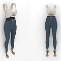 Animal Model Wearing Beige Vest Dark Blue Jeans And High Heels On White Background