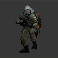 Crouching Figure In Protective Suit With Gas Mask Backpack And Rifle On Gray Background