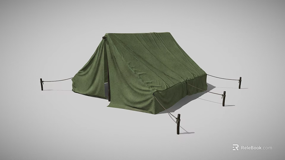 Portable Green Camping Tent Furniture With Ropes And Wooden Stakes For Outdoor Use 3d model 