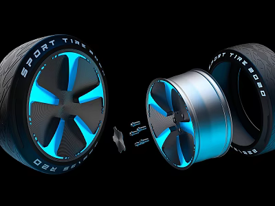 Sport Tires With Blue Glowing Hub Modern Design And Decomposed Structure 3d model