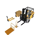 Yellow Industrial Forklift With Pallet Trucks Hand Trucks And Cardboard Boxes