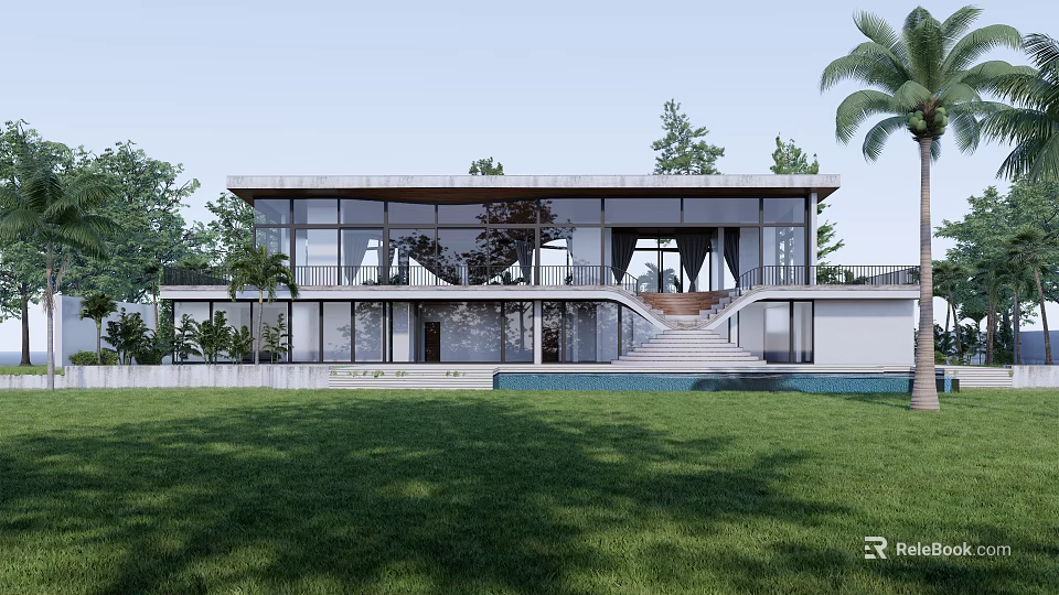 Modern Villa With Large Glass Windows Lawn Trees Palm Tree And Swimming Pool Steps 3d model 