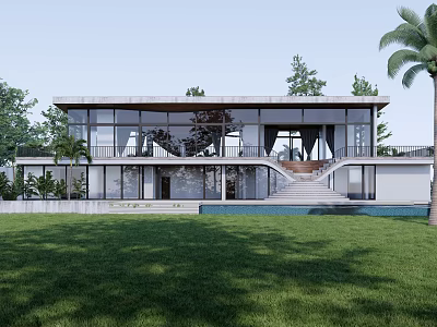 Modern Villa With Large Glass Windows Lawn Trees Palm Tree And Swimming Pool Steps 3d model