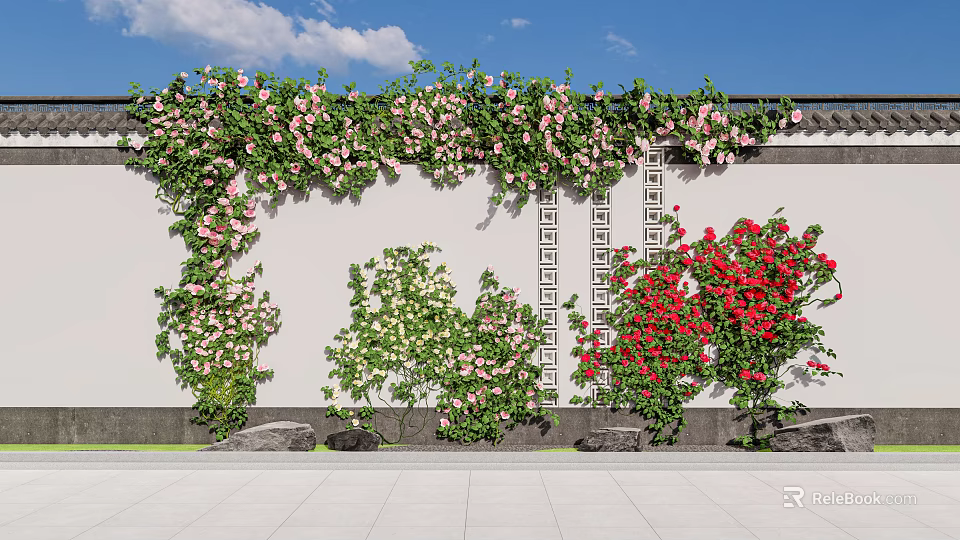 Climbing Vines With Pink White Red Flowers On Traditional Wall And Stone Base 3d model 