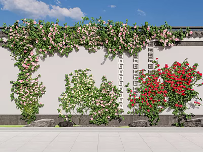Climbing Vines With Pink White Red Flowers On Traditional Wall And Stone Base 3d model