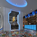 Modern Cyber Cafe With Open Layout Staircase Game Posters Computers White Chairs And Dark Decor