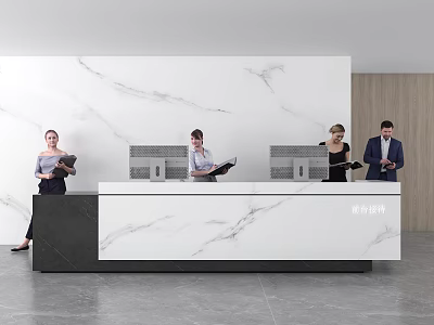 Modern Reception Desk With White Marble Surface And Black Base In Office Lobby 3d model